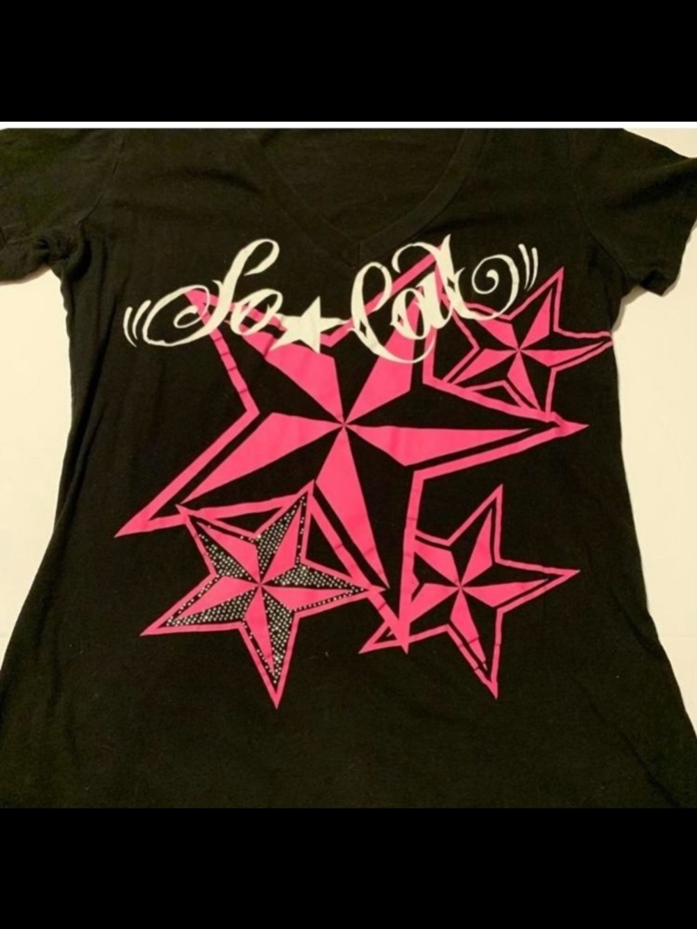 Y2K So Cal Pink Star Rhinestone Graphic Tee Black XL